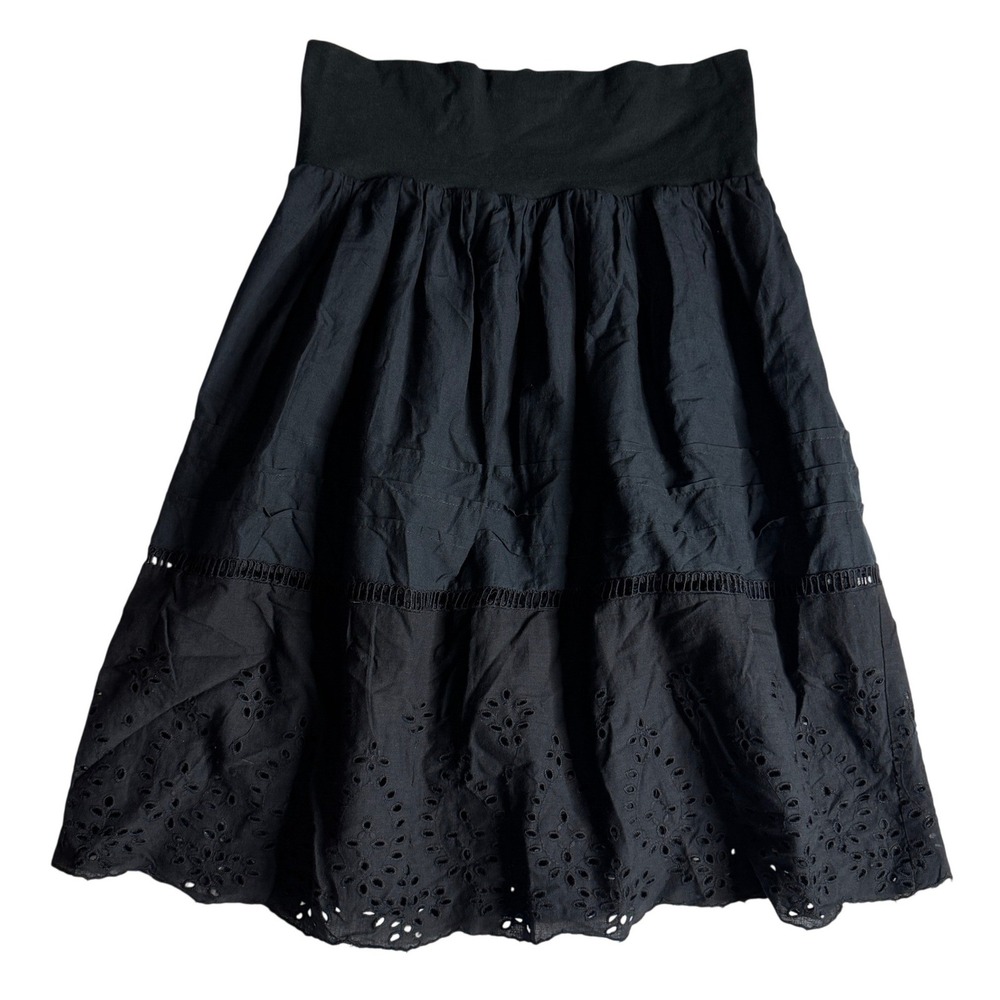 Made in India Boho Black Cotton Eyelet Lace Midi Skirt Elastic Waist Size Medium